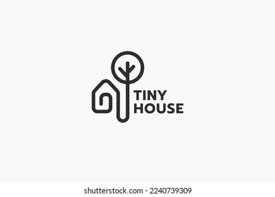 tiny house logo with a combination of a simple tiny house and a tree in outline style