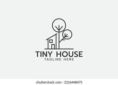 tiny house logo with a combination of tiny house and tree with line style.