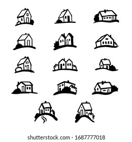 Tiny House Logo Set. Hand Drawn Illustration Of Cozy Home. Vector Template Painted By Brush Strokes. Design Concept For Real Estate Company Or Friendly Community Poster