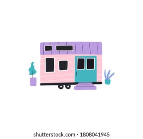 Tiny house, mobile home on wheels. Downsizing, compact living. Vector illustration.