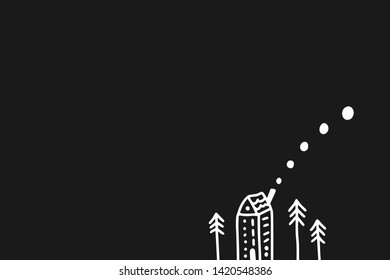 Tiny house and new year trees hand drawn illustration in cartoon style. Minimalism card