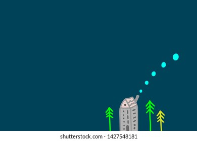 Tiny house and new year trees hand drawn illustration in cartoon style. Minimalism card