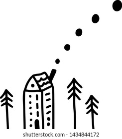 Tiny house and new year trees hand drawn illustration in cartoon style. Minimalism card white and black contrast
