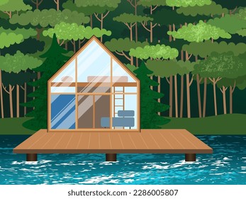 Tiny house on a water platform. Summer camping travel vector illustration. Modern wooden eco house on a lake or river. Cozy triangular cabin chalet in the forest. Nature landscape. Wild eco tourism.