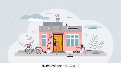 Tiny House Property As Little Summer Container Type Home Mini Person Concept. Simple Residential Trailer Exterior For Minimalist Lifestyle Vector Illustration. Small Cabin Rent For Camping In Nature.