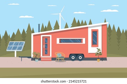 Tiny house with solar panel and wind turbine isolated. Vector illustration.