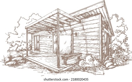 tiny house surrounded by trees conceptual perspective sketch hand drawn vector ink illustration