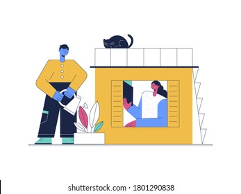 Tiny house vector illustration. Small home for a young couple. Happy family in compact space. Real estate tenants. Exterior design of modern appartment. Living in trailer. 