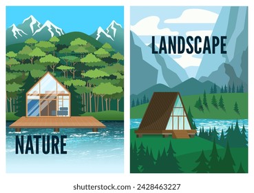 Tiny house in the wild eco travel vector illustration. Alpine scenery - forest, river, lake, mountains landscape. A-shape cottage, spruces and pines. Hiking, camping, nature park recreation concept.