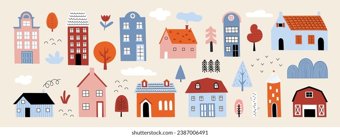 Tiny houses. City elements, town buildings, cute small doodle style drawing village, neighborhood, vintage tree collection. Colorful cottages Scandinavian vector cartoon flat isolated illustration set