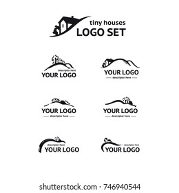 Tiny houses logo set. Vector set of logo templates with a small cabin on a hill. Design concept for firm involved in real estate or some home business project