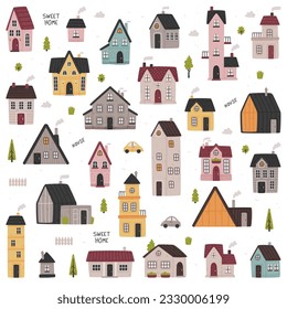 Tiny Houses with Roof and Steaming Chimney as Cozy and Sweet Home Vector Set