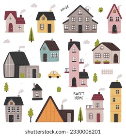 Tiny Houses with Roof and Steaming Chimney as Cozy and Sweet Home Vector Set