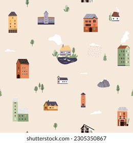 Tiny houses seamless pattern vector illustration. Little buildings, trees, mountains, cloud landscape endless background in simple flat minimal style. Funny cartoon city wallpaper for children design.