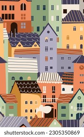 Tiny houses seamless pattern vector illustration. Little cartoon buildings in bright color. Cute city wallpaper.