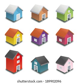 Tiny houses vector icon collection. Set of nine colorful house icon illustrations.