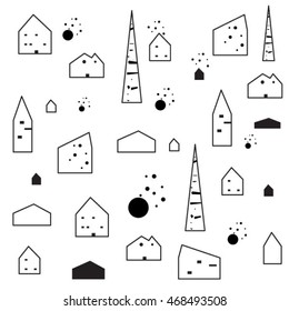 tiny houses vector pattern scandinavian background black and white.