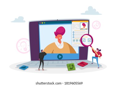 Tiny Hr Department Employee Characters Reading Candidate Resume on Huge Pc Screen for Online Interview and Work Employment. Virtual Negotiation with Future Worker. Cartoon People Vector Illustration