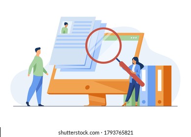 Tiny HR manager looking for candidate for job. Interview, magnifier, computer screen flat vector illustration. Career and employment concept for banner, website design or landing web page