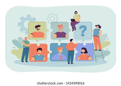 Tiny HR specialist looking for recruits for job flat vector illustration. Cartoon business employers choosing talents. Personnel change, employment agency and communication concept