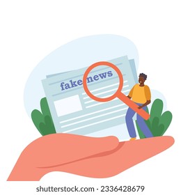 Kleiner menschlicher Charakter mit Lupe von Fake News in Zeitung flach Konzept Vektorgrafik