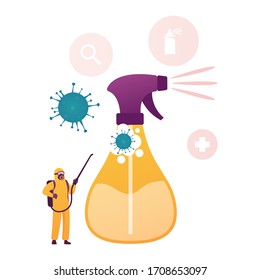 Tiny Human Character Wearing Protective Hazmat Suit Spraying Antibacterial Liquid on Huge Sprayer with Covid19 Cells Flying around. Coronavirus Contamination Disifection. Cartoon Vector Illustration