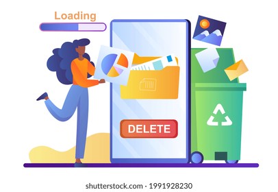 Tiny human delete unnecessary data from phone memory storage forever. Formatting hard disk driver. Flat abstract metaphor cartoon vector illustration concept design isolated on white background.