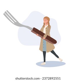 Tiny Human Holding a Fork.  Tiny woman with giant kitchen Utensils.