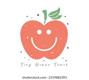 Tiny Human tamer with Smiley Cute Apple Cartoon Character on white background inspirational quotes,lettering design. happy Teacher vector editable design.