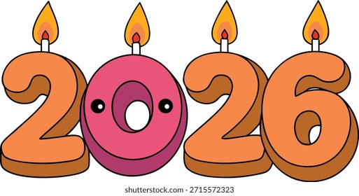 Pequeñas velas ilustradas que descansan sobre números blancos limpios de 2026, obras de arte festivas minimalistas que simbolizan la esperanza, la celebración y un nuevo año, perfectas para la marca de vacaciones, diseños de saludos y uso de stock moderno.