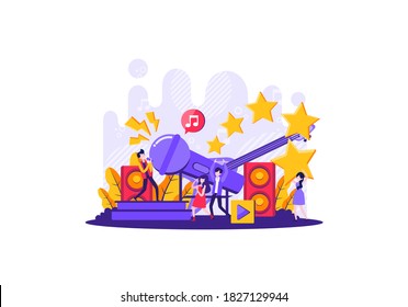 tiny illustration concept. people singing karaoke with a big microphone behind it. Vector illustration