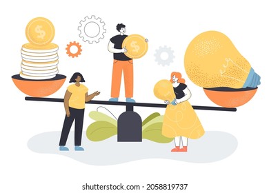 Tiny investor doing research in innovation worth, target price, financial profit standing on scales. Money and idea exchange flat vector illustration. Economy, finance, assessment, comparison concept