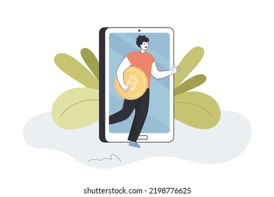 Tiny investor walking with bitcoin on phone screen. Man investing in cryptocurrency online flat vector illustration. Digital wallet, trade concept for banner, website design or landing web page