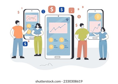 Tiny investors with digital stock market charts on phones. Business people investing or trading via huge smartphones vector illustration. Stock market, trade, finances, business, investment concept