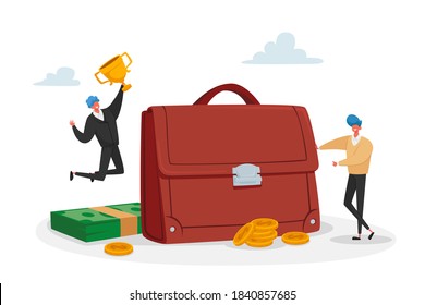 Tiny Investors Male Characters at Huge Briefcase Celebrate Win with Golden Goblet. Invest Portfolio, Stock Market Professional Trading Strategy, Economic Management. Cartoon People Vector Illustration