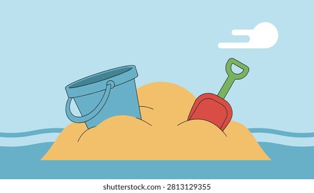 Tiny island of golden sand in a calm blue sea features a blue bucket and a red shovel under a single white cloud.