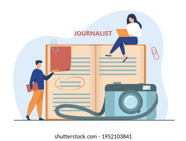 Tiny journalists writing articles. Book, camera, note flat vector illustration. News and media concept for banner, website design or landing web page