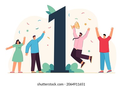 Tiny joyful businessmen around first number holding cup. Best employees bringing victory in competition flat vector illustration. Achieving business goal, number one, prize award ceremony concept