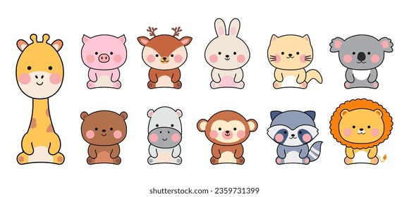 Tiny kawaii zoo animals. Cute animal, zoo characters stickers in korean or japanese graphic style. Giraffe, leo, raccoon and kitty nowaday vector set