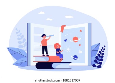 Tiny kids exploring universe with help of book. Adventure, planet, star flat vector illustration. Reading and education concept for banner, website design or landing web page
