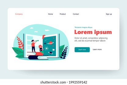 Tiny kids exploring universe with help of book. Adventure, planet, star flat vector illustration. Reading and education concept for banner, website design or landing web page