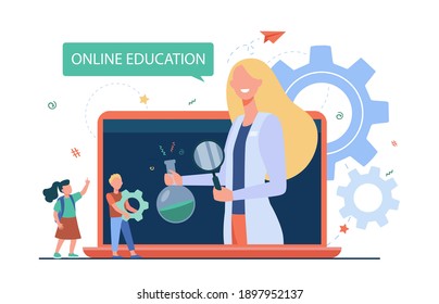 Pequeños niños escuchando clases a través de un portátil. Ilustración vectorial plana de docentes, e-learning. Educación en línea y concepto de estudio para banner, diseño de sitios web o página web de inicio