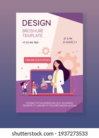 Tiny kids listening lesson via laptop. Elementary, e-learning, teacher flat vector illustration. Online education and study concept for banner, website design or landing web page