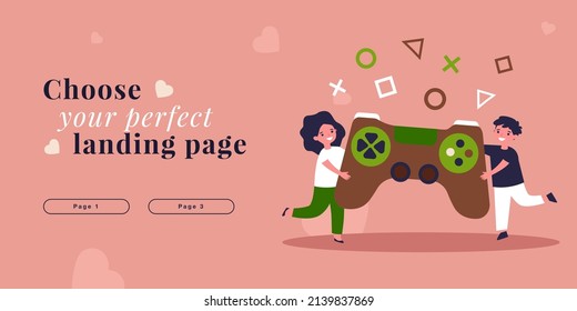 Tiny Kids Playing Video Game. Excited Children Gamers Jumping Flat Vector Illustration. Fun Online Games Concept For Banner, Website Design Or Landing Web Page