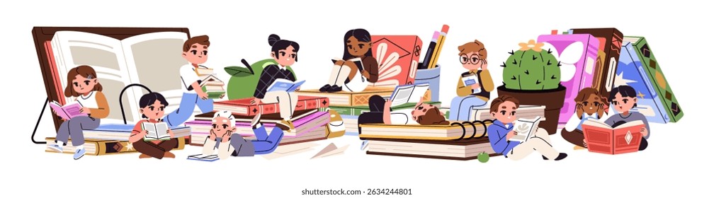 Crianças pequenas leem livros juntas. Crianças entre pilha de romances, histórias estudam pela literatura. Os alunos estão aprendendo através de livros didáticos. Conceito de educação. Ilustração de vetor isolado plano sobre fundo branco