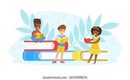 Tiny Kids Reading Books, Little Students Learning at School, Back to School, Education and Research Concept Cartoon Vector Illustration
