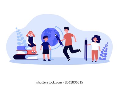 Tiny kids students holding school supplies. Children standing near globe, stack of books, pencil flat vector illustration. Back to school concept for banner, website design or landing web page