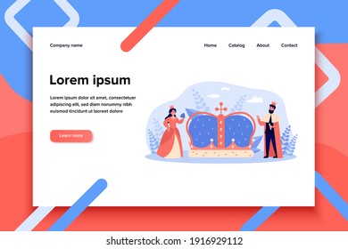 Tiny king and queen near big crown isolated flat vector illustration. Cartoon royal characters as a symbol of government authority. Aristocracy and monarchy concept