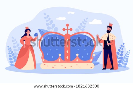 Tiny king and queen near big crown isolated flat vector illustration. Cartoon royal characters as a symbol of government authority. Aristocracy and monarchy concept