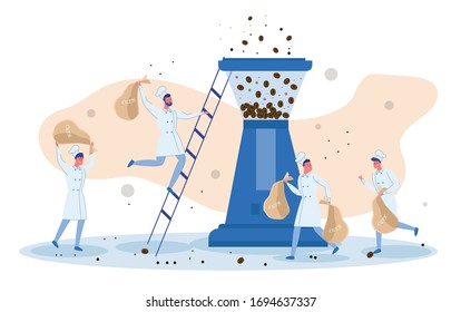 Tiny Kitchen Helpers. Four Little Men Wearing White Toques Making Human Chain to Deliver Bags with Coffee Beans, Lift Them Up Step Ladder to Grinder to Get Fresh Aromatic Perfect Grind.